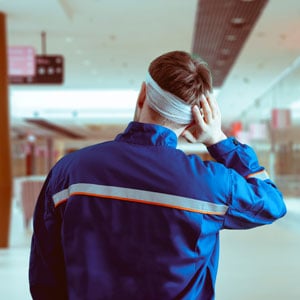 A man in a blue jacket has his hands on his head because of a brain injury.